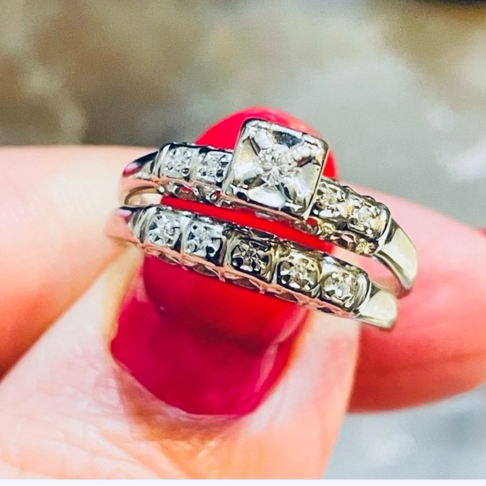 ESTATE FIND ENGAGEMENT 14K WHITE GOLD RING SET